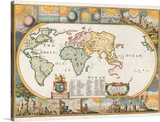 Immerse yourself in the intricate details and rich history encapsulated in this stunning print of an antique world map. Every line, color, and illustration tells a story of a world once charted by the explorers of old. The map, adorned with elaborate illustrations and celestial designs, offers not just geographical knowledge but an artistic journey through time. 