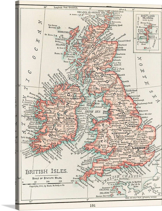 Step back in time with this exquisite print of the British Isles, meticulously detailed and rendered in a vintage style. Every city, town, and natural landmark is elegantly inscribed, offering a snapshot of the region’s geography as it stood in 1907. The muted tones and intricate linework make this piece not just a map but an artwork that invites exploration and admiration. 