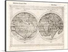  This print is a splendid reproduction of a 16th-century map of the world, drawn in a double hemisphere style. The Western Hemisphere graces the left side, while the Eastern Hemisphere adorns the right. The map is teeming with intricate details, from the names of countries and oceans to the imaginative illustrations of ships and sea monsters. 