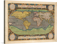  Abraham Ortelius’ “Typus Orbis Terrarum”, a masterpiece from his groundbreaking Theatrum Orbis Terrarum, is a cartographic marvel that transcends time. Published in Antwerp in 1570, this first true modern atlas revolutionized mapmaking.