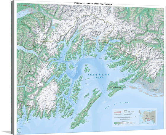 Tom Patterson’s “Prince William Sound Map” is a stunning topographic map that captures the majestic allure of Alaska’s breathtaking landscape. The intricate green and white terrains surrounding Prince William Sound are rendered in exquisite detail, inviting viewers to explore the serene waters and rugged terrains from the comfort of their own space. 