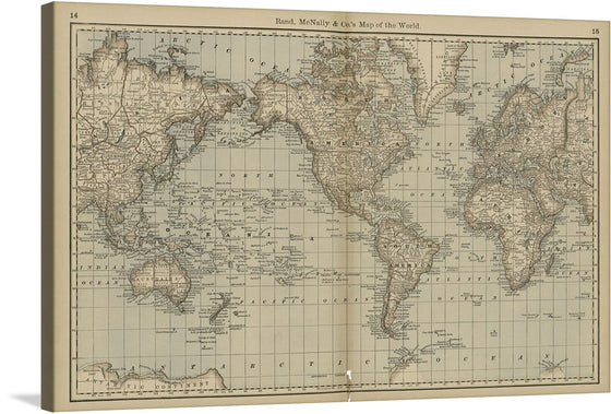 Step into a world of discovery with this exquisite print of an antique world map crafted by Rand, McNally & Co. This masterpiece captures the intricate details and timeless beauty of our planet as understood in a bygone era. Each country, ocean, and sea is rendered with meticulous care, inviting viewers to embark on their own journey of exploration from the comfort of their home.