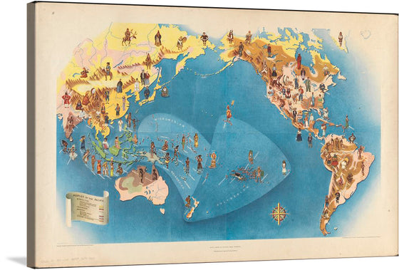 This vibrant print is a reproduction of an intricate artwork that takes you on a global journey. The piece, an illustrated map of the world, is teeming with colorful depictions of diverse cultures, iconic landmarks, and wildlife from every continent. From the cowboys and Native Americans of North America to the samurais and the Great Wall of China in Asia, each detail invites you to embark on an adventure.