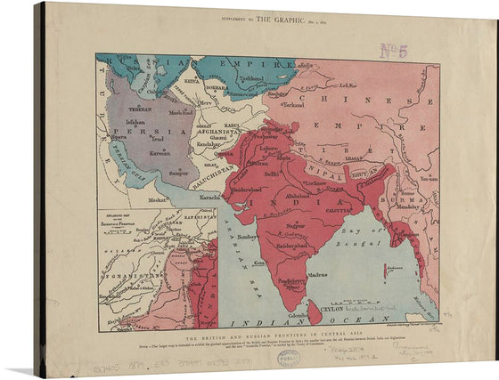 Immerse yourself in the intricate details of this vintage map print, a captivating piece that invites exploration and discovery. Each region, outlined in bold colors and adorned with meticulous labeling, tells a story of a time long past. The artwork captures the British and Russian frontiers in Central Asia, offering not just a geographical representation but also a glimpse into the historical tensions and alliances of the era. 