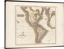  This exquisite print of a vintage map, meticulously detailed and rich in color, captures the grandeur of the Americas during an era long past. Each country is delineated with precision, offering viewers a journey through time to an age where explorers charted unknown lands and seas. 