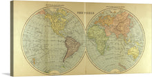  Embark on a journey of discovery with this exquisite print of an antique world map. Rendered in meticulous detail and vibrant colors, this map offers a rich tapestry of geography and history that will captivate any observer. The dual hemispheres layout against a soft, aged backdrop evokes the grandeur of bygone eras, inviting exploration and wonder. 