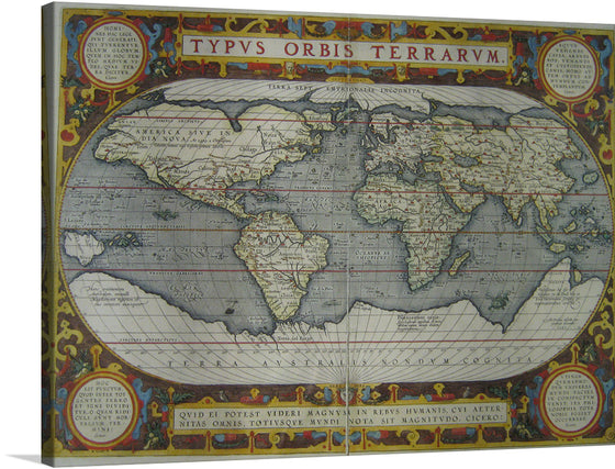 Step back in time with this exquisite print of “Typus Orbis Terrarum,” a masterpiece that marries art and geography. Every intricate detail, from the elegant script to the meticulously drawn borders, invites you on a journey through time. The dual hemispheres are adorned with a rich tapestry of colors that breathe life into the continents and oceans alike. 