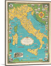 Step into the enchanting world of Italy with this exquisite print, a meticulous recreation of a vintage map that captures the country’s iconic landmarks and regions. Each detail, from the sun-kissed coasts of Sicily to the romantic canals of Venice, is rendered with artistic precision. The map is adorned with intricate illustrations showcasing Italy’s renowned architecture and natural beauty. 