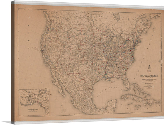 Embark on a journey through time with this exquisite print of an antique map of the United States. This sepia-toned canvas, marked with intricate lines of terrain and boundaries, tells a story of a nation’s evolution. Every line, curve, and notation invites viewers to explore the vastness and diversity of the American landscape.