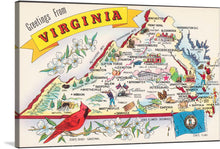  “Greetings from Virginia” is a vibrant and colorful artwork that encapsulates the spirit of Virginia in a whimsical manner. This print showcases an illustrated map adorned with notable cities, landmarks, and the state’s iconic cardinal bird amidst blooming dogwood flowers. Every detail is meticulously crafted, offering viewers a visual journey through Virginia’s rich history and natural beauty. 