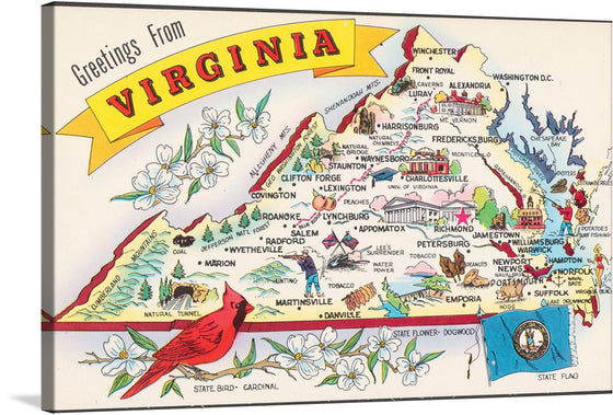 “Greetings from Virginia” is a vibrant and colorful artwork that encapsulates the spirit of Virginia in a whimsical manner. This print showcases an illustrated map adorned with notable cities, landmarks, and the state’s iconic cardinal bird amidst blooming dogwood flowers. Every detail is meticulously crafted, offering viewers a visual journey through Virginia’s rich history and natural beauty. 