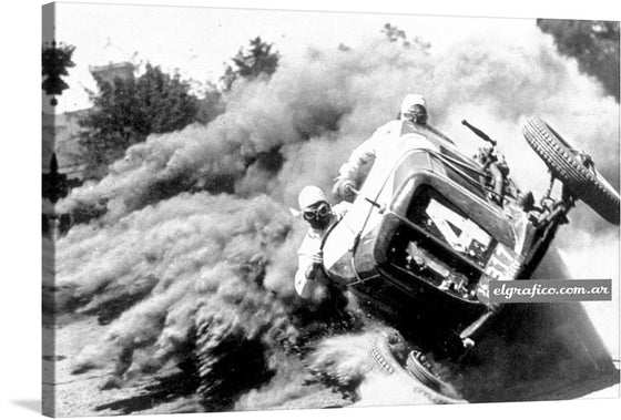 “Musso vuelco llavallol” is a captivating piece of artwork that captures the raw energy, danger, and excitement of vintage car racing. The black and white masterpiece encapsulates a dramatic moment of a car mid-tumble, with dust clouds billowing and emotions running high. Every detail, from the intense expressions of the drivers to the dynamic movement of the vehicle, is meticulously captured to immerse you in a bygone era of adventure and adrenaline.
