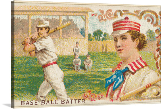 “Baseball Batter” is a captivating vintage print from the Games and Sports series (N165), commissioned by Goodwin & Company to promote Old Judge Cigarettes in 1889. This exquisite lithograph captures the essence of America’s beloved pastime.