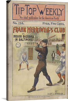  “Frank Merriwell’s Club, or, Indoor Baseball in Baltimore” is a vintage-style artwork that captures the essence of youthful exuberance and the spirit of competition. The print features an indoor baseball game scene with three players actively engaged; one is batting while another is prepared to catch.