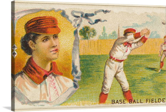 “Baseball Fielder”, part of the Games and Sports series (N165) commissioned by Goodwin & Company for Old Judge Cigarettes, transports us to the sun-drenched diamond of yesteryears. In this 1889 lithograph, a baseball player, resplendent in a white uniform with red stripes, stands poised against a vibrant sunset. 