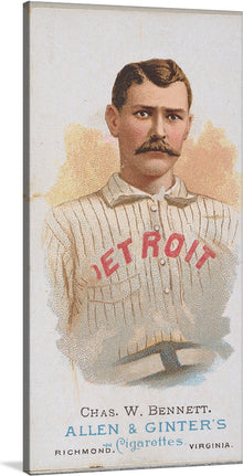  This rare and iconic baseball trade card from 1887 features Charles W. Bennett, a versatile and talented player who was a key member of the World Champion Detroit Wolverines. Bennett is shown in his Wolverines uniform. He has a determined expression on his face and is clearly ready to take the field.