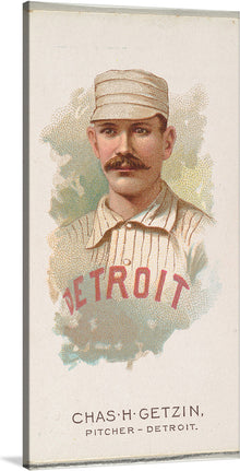  This rare and iconic 1888 baseball trade card features Charles H. Getzin, one of the most dominant pitchers of his era. Getzin is shown in his Detroit Wolverines uniform, wearing a red and white striped hat. He has a serious expression on his face and is clearly ready to take the mound.