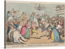  “The Gig Shop or Kicking Up a Breeze at Nell Hammilton’s Hop” invites you to step into a lively and spirited world—a bygone era where every gathering was a jubilant celebration of life. In this exquisite print, the ballroom comes alive with vibrant characters, each telling their unique story.