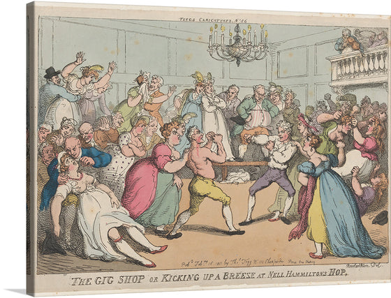 “The Gig Shop or Kicking Up a Breeze at Nell Hammilton’s Hop” invites you to step into a lively and spirited world—a bygone era where every gathering was a jubilant celebration of life. In this exquisite print, the ballroom comes alive with vibrant characters, each telling their unique story.