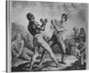 This dynamic black-and-white drawing of two men boxing is a powerful and expressive work of art. The two boxers are shown in mid-fight, with their fists clenched and their bodies poised to strike.  The artist has used a variety of techniques to capture the intensity and excitement of the moment. 