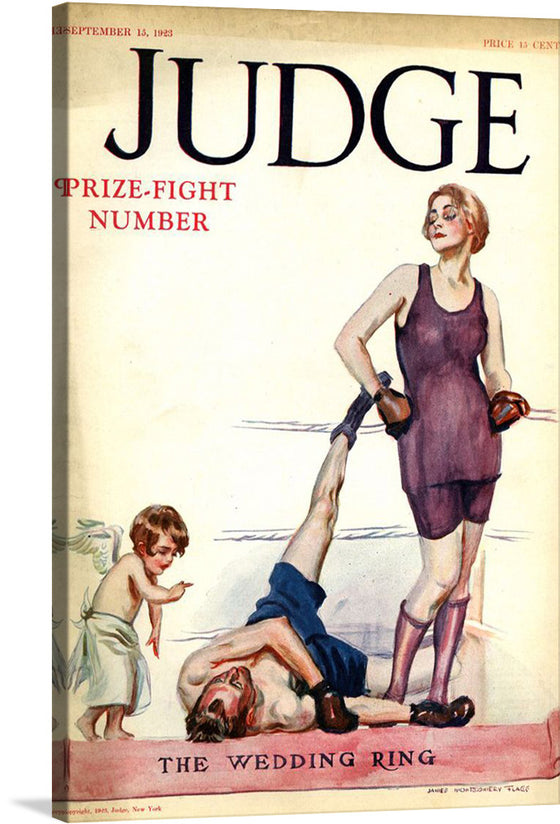 “Judge Magazine (15 Sep 1923)” is a captivating artwork that encapsulates the essence of an era. The artwork, rich in detail and emotion, portrays a whimsical yet powerful scene that is sure to spark conversation. The cover of the magazine features a person in boxing attire standing victorious; another individual lies defeated on the ground. 