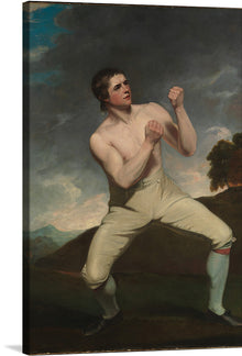  Introducing “Richard Humphreys, The Boxer,” an exquisite print that captures the raw essence of human strength and determination. The artwork features a muscular figure, frozen in a moment of intense exertion, set against a backdrop of serene natural beauty. The contrast between the tumultuous skies and tranquil landscape amplifies the emotional intensity radiating from the central figure.