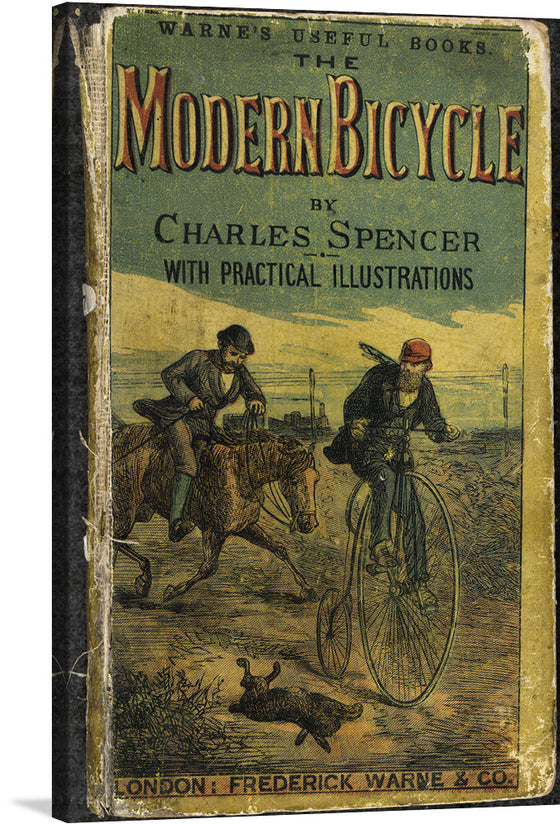 This vintage artwork, a print of the cover for “The Modern Bicycle” by Charles Spencer, encapsulates the essence of a bygone era. The illustration vividly portrays a scene where two individuals are in motion; one riding a horse and another on an early model of a bicycle, showcasing the transition from traditional to modern means of transportation.