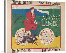  This vibrant and nostalgic artwork, “New York Ledger: Bicycle Number,” is a captivating addition to any space. The artwork is an old advertisement for “New York Ledger,” specifically their “Bicycle Number.” Every detail of this print, from the bold typography to the whimsical illustration of a cyclist in motion, captures the essence of a bygone era.