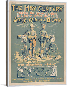  Embark on a journey of adventure with this exquisite print of “The May Century” magazine cover. The artwork captures the daring spirit of two young American students as they traverse across Asia, from Constantinople to Peking, on their trusty bicycles. The muted green background and intricate linework invite you into a world where exploration knows no bounds. 