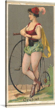  This captivating painting is more than just a portrait of a cyclist. It's a snapshot of a moment in time, a celebration of female empowerment, and a silent roar of defiance against societal constraints. This piece is from the Occupations for Women Series (N166) for Old Judge and Dogs Head Cigarettes.