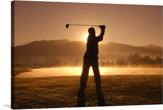 “Golf Swing at Sunset” captures the serene moment of a golfer, silhouetted against the golden hues of the setting sun, executing a perfect swing. The artwork is a harmonious blend of sport and nature, where the misty greens of the golf course meet the majestic mountains in the backdrop.