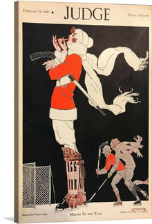  “Judge Magazine (18 Feb 1922)” is a captivating artwork that encapsulates the essence of an era. The cover of the magazine features a person in boxing attire standing victorious; another individual lies defeated on the ground. A small child-like figure watches the scene unfold. The title “THE WEDDING RING” is written at the bottom. 