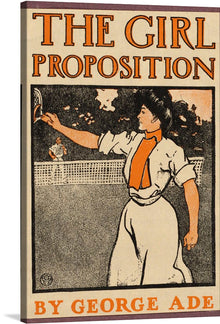  In the piece "The Girl Proposition" created by Edward Penfield, there is a young woman playing tennis with a partner across the court. The main pop of color is a vivid, bright orange.&nbsp;  Edward Penfield was an American Illustrator in the era known as the "Golden Age of American Illustration" and he is considered the father of the American poster.
