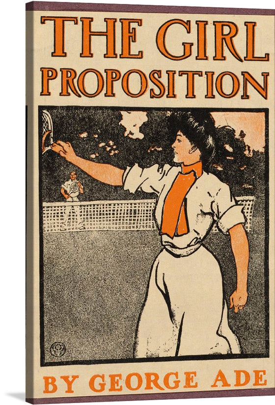 In the piece "The Girl Proposition" created by Edward Penfield, there is a young woman playing tennis with a partner across the court. The main pop of color is a vivid, bright orange.&nbsp;  Edward Penfield was an American Illustrator in the era known as the "Golden Age of American Illustration" and he is considered the father of the American poster.