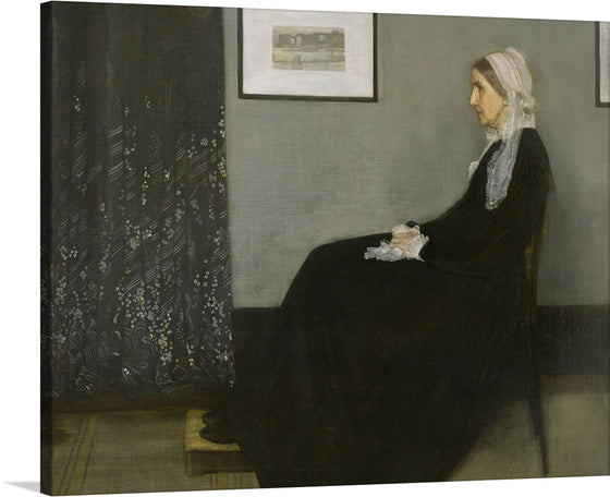 This is a beautiful piece of art by James McNeill Whistler titled “Whistlers Mother”. It is a portrait of the artist’s mother, Anna McNeill Whistler, and is considered one of the most famous works by the artist. The painting is a study in color and composition, with the figure of the mother in black and the background in grey. 