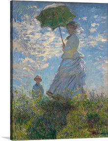  In Claude Monet's "Woman with a Parasol" (1875), the artist captures a fleeting moment of a stroll on a breezy summer's day. Camille Monet, the artist's wife, stands gracefully amidst a meadow, her white dress billowing in the wind. Her face, partially obscured by a veil, is turned towards the viewer, her eyes conveying a sense of serenity and introspection.