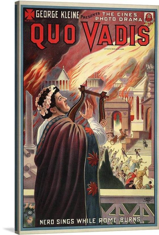 “Poster for Quo Vadis” by George Kleine is a captivating print that transports you to ancient Rome amidst the iconic scene of Nero singing while the city burns. The artwork’s intricate details and dynamic composition breathe life into this momentous event, making it a conversation piece for any space.