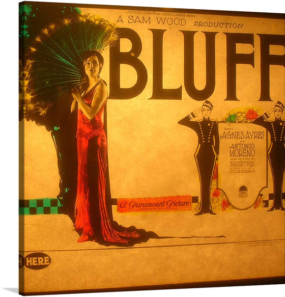 Step back in time with this exquisite print of the lantern slide for the 1924 film “Bluff”. A Sam Wood production, this piece captures the essence of classic cinema, featuring elegant typography and iconic imagery. The artwork showcases an illustration of a woman in a red dress holding a large green feathered fan, and two smaller illustrations of men dressed as naval officers, adding a touch of intrigue and drama.