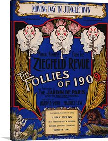  Step back in time with this vibrant and whimsical print of “Moving Day in Jungletown,” a captivating artwork from the iconic Ziegfeld Revue, “The Follies of 1909.” Every detail, from the playful lyre birds to the intricate floral designs, is a nod to an era where art and theatre were as whimsical as they were elegant. 