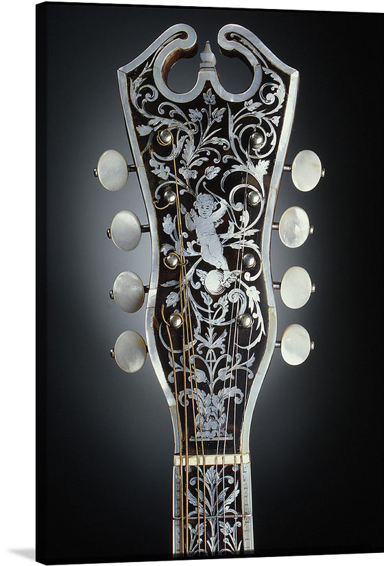Immerse yourself in the intricate beauty of this exclusive artwork. This print captures the ornate headstock of a classic guitar, meticulously crafted with every curve, detail, and pattern showcasing an elegant dance between artistry and craftsmanship. The dark backdrop accentuates the white filigree design adorned with a cherub amidst floral elegance.