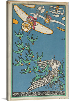  “The Duke of Gramatneiss’s Famous Pack of Birds” by Moriz Jung invites you into a whimsical realm where avian enchantment takes flight. In this exquisite color lithograph from 1911, the Duke of Gramatneiss leads an extraordinary pack of birds—a fantastical hunt that defies gravity and convention. 