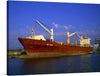 The “Ship AS Vega” print captures the majestic presence of a large, red and white cargo ship docked gracefully against the backdrop of a serene blue sky. The ship, marked with the name “AS VEGA,” is equipped with towering cranes, ready to manage hefty loads. The reflection of the setting sun casts a golden hue on parts of the ship and water, adding a touch of warmth to this industrial scene. 