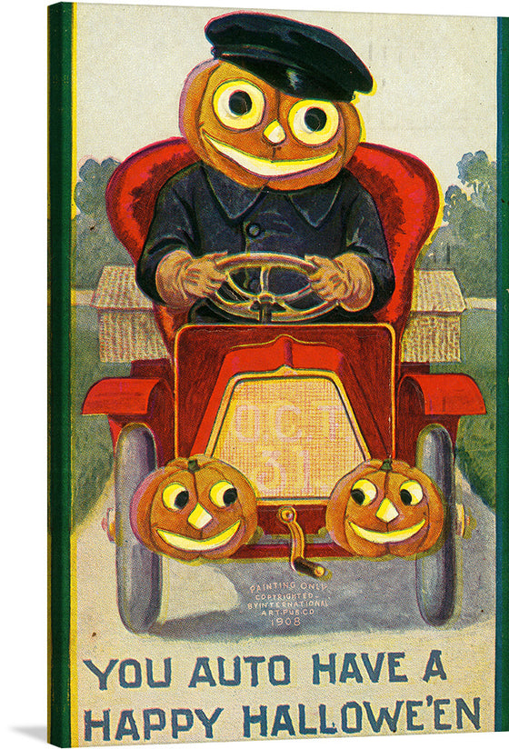 This is a vintage Halloween postcard featuring a pumpkin-headed chauffeur driving a red car with two jack-o-lanterns as headlights. The postcard is a playful and humorous take on the holiday, with a pun on the word "auto" in the message "You auto have a happy Halloween." 