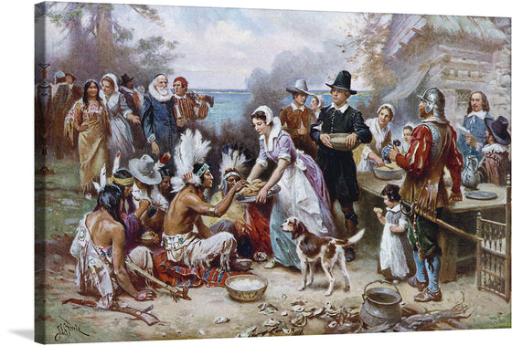 “The First Thanksgiving, 1621” is a captivating glimpse into the rich tapestry of American history. In this iconic artwork, Pilgrims and Native Americans converge to celebrate a bountiful harvest—a moment of unity, gratitude, and shared abundance. The scene, meticulously rendered, transports us to that autumn day in 1621 when cultures intersected, and a tradition was born. 