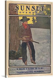  Immerse yourself in the rustic allure of the Wild West with this exquisite print of a vintage “Sunset” magazine cover from November. The artwork captures a lone cowboy leaning against a tree as the golden hues of sunset paint an enchanting backdrop. Every detail, from the cowboy’s attire to the serene wilderness, is rendered with artistic finesse, evoking nostalgia and admiration.