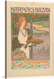  Step into the enchanting world of Louis John Rhead’s “Harper’s Bazar: Thanksgiving”, a masterpiece that encapsulates the essence of a cherished American holiday. This exquisite print, dating back to 1894, is adorned with an elegant woman amidst a vibrant backdrop of autumnal splendor.