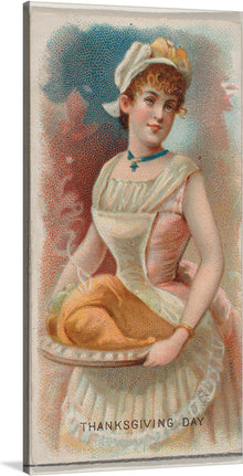  This artwork is a nostalgic print that beautifully captures the essence of Thanksgiving Day. The central figure, adorned in classic attire, holds a tray bearing the symbol of the holiday - a golden roasted turkey. The muted yet warm colors and the abstract background possibly indicating foliage or floral elements, evoke a sense of tradition and celebration. 