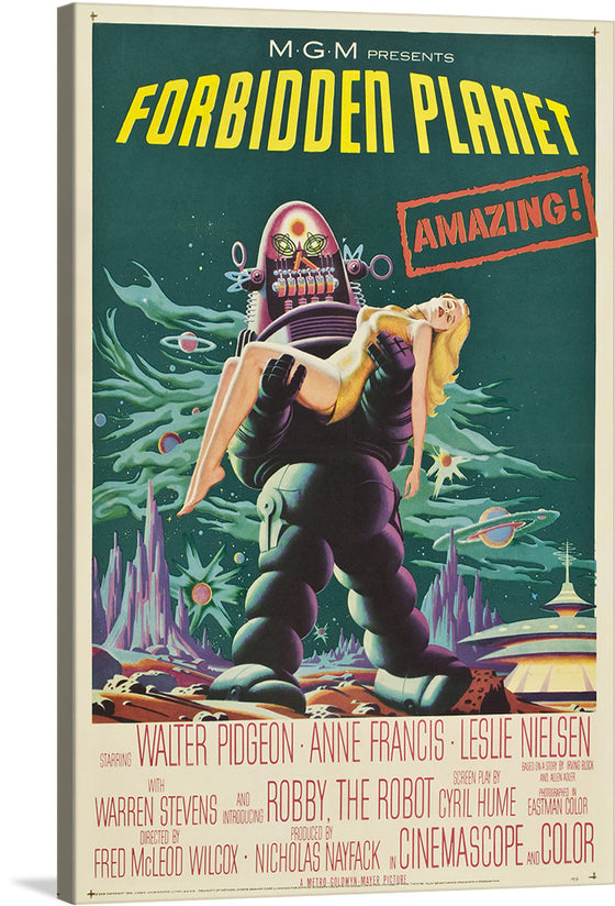 This print is a vibrant reproduction of the original poster for the 1956 science fiction film “Forbidden Planet”. The poster features a striking illustration of a robot, colored in shades of yellow and pink, carrying a woman in a green dress. 