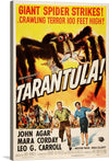 Step into the realm of classic cinema with this captivating print from the iconic 1955 sci-fi horror film, “Tarantula!”. This artwork is a thrilling journey back in time, featuring a gargantuan spider dominating a desert landscape, its fangs bared, ready to strike. The bold red title, set against a stark yellow backdrop, demands your attention, while the petrified figures in the foreground amplify the sense of impending doom. 