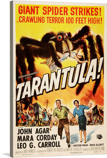  Step into the realm of classic cinema with this captivating print from the iconic 1955 sci-fi horror film, “Tarantula!”. This artwork is a thrilling journey back in time, featuring a gargantuan spider dominating a desert landscape, its fangs bared, ready to strike. The bold red title, set against a stark yellow backdrop, demands your attention, while the petrified figures in the foreground amplify the sense of impending doom. 